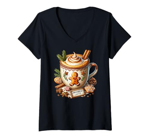 Damen Cute Christmas Coffee Mug Graphic Gingerbread Latte for Xmas T-Shirt mit V-Ausschnitt Damen Cute Christmas Coffee Mug Graphic Gingerbread Latte for Xmas T-Shirt mit V-Ausschnitt von Winter Gifts For Women Christmas Mugs For Xmas