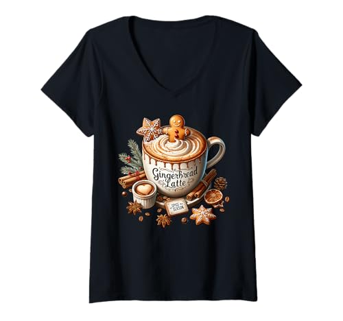 Damen Gingerbread Latte Graphic for Women Christmas Coffee Mug T-Shirt mit V-Ausschnitt Damen Gingerbread Latte Graphic for Women Christmas Coffee Mug T-Shirt mit V-Ausschnitt von Winter Gifts For Women Christmas Mugs For Xmas