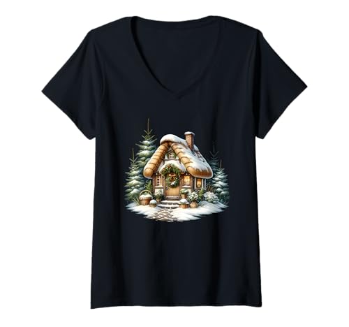 Damen Gemütliches Schneehäuschen mit Weihnachtskranz T-Shirt mit V-Ausschnitt Damen Gemütliches Schneehäuschen mit Weihnachtskranz T-Shirt mit V-Ausschnitt von Winter Hearth Design Apparel Home And More Company