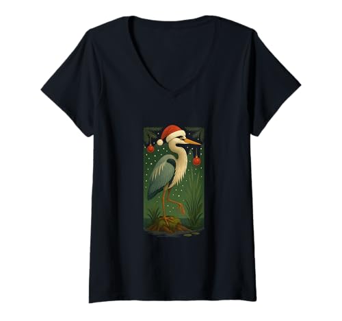 Damen Blaureiher Weihnachtsmannmütze Festlicher Vogel T-Shirt mit V-Ausschnitt von Winter Heron Holiday Art Co.