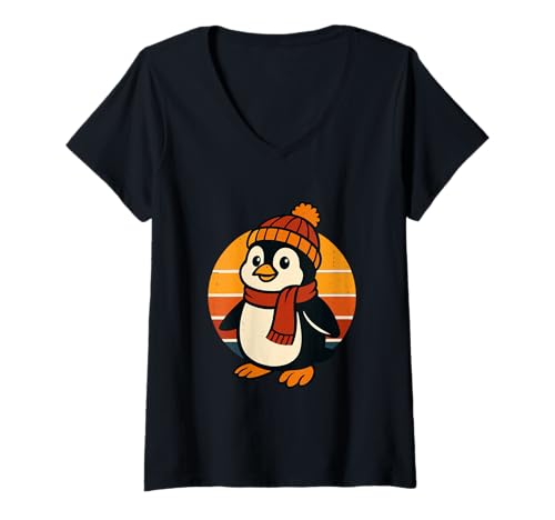 Damen Lustige Pinguin-Wintermütze und Schal, Grafik T-Shirt mit V-Ausschnitt Damen Lustige Pinguin-Wintermütze und Schal, Grafik T-Shirt mit V-Ausschnitt von Winter Penguins and Arctic Humor Apparel