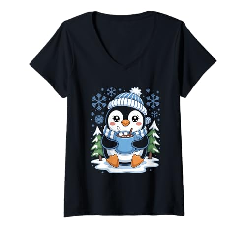 Damen Pinguin Mit Kakao Winter Schneeflocken Süß Niedlich T-Shirt mit V-Ausschnitt Damen Pinguin Mit Kakao Winter Schneeflocken Süß Niedlich T-Shirt mit V-Ausschnitt von Winter Pinguin Heiße Schokolade Schneeflocken