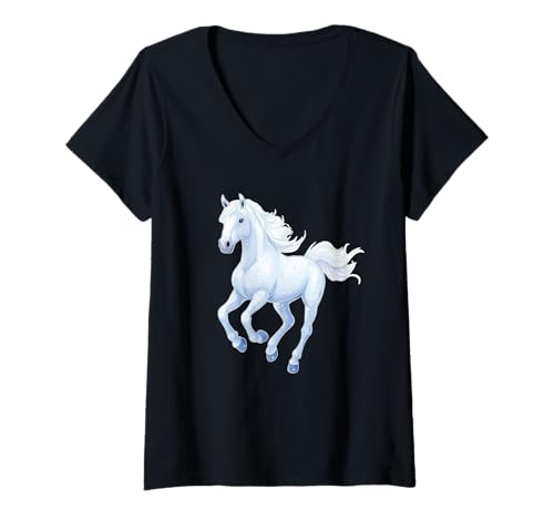 Damen Pferd mit Schneeflocken Reiterin Pferde Mädchen T-Shirt mit V-Ausschnitt von Winter Reiten Schnee Pferdemotiv Pferdefan