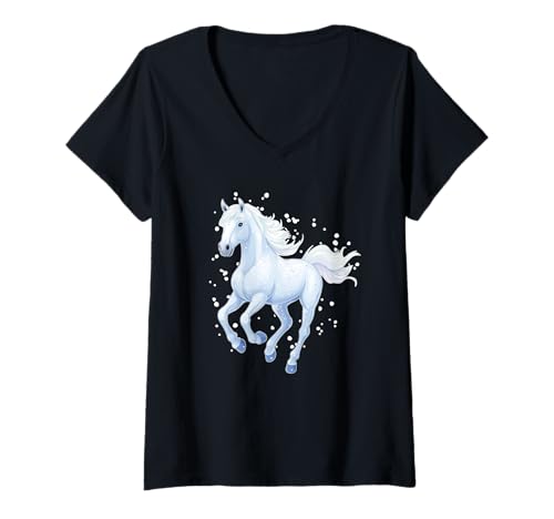 Damen Pferd mit Schneeflocken Reiterin Pferde Mädchen T-Shirt mit V-Ausschnitt von Winter Reiten Schnee Pferdemotiv Pferdefan
