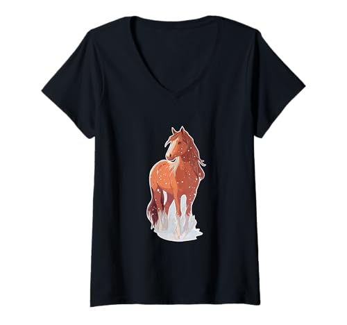 Damen Pferd mit Schneeflocken Reiterin Pferde Mädchen T-Shirt mit V-Ausschnitt von Winter Reiten Schnee Pferdemotiv Pferdefan