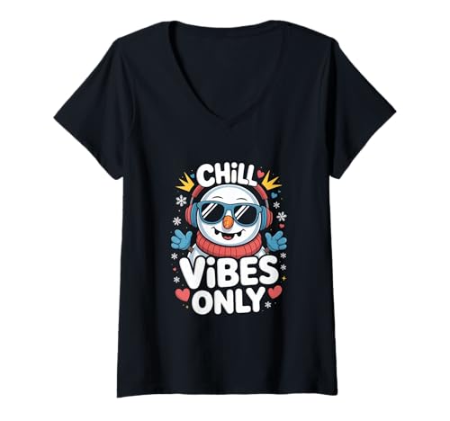 Damen Chill Vibes Only Schneemann Winter Cool Musik T-Shirt mit V-Ausschnitt Damen Chill Vibes Only Schneemann Winter Cool Musik T-Shirt mit V-Ausschnitt von Winter Schneemann Cool Musik Kopfhörer