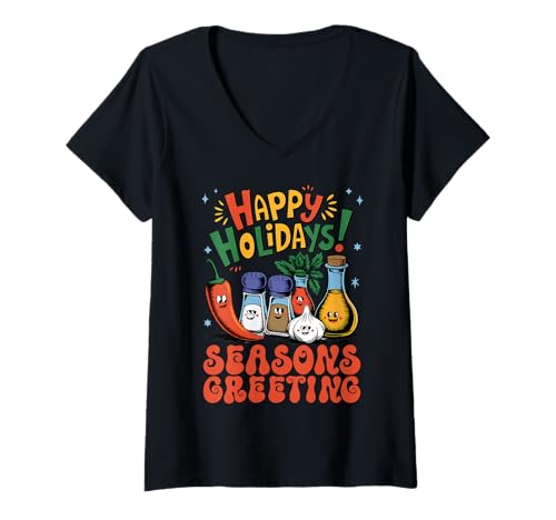 Damen Happy Holidays Seasons Grußkarte Kawaii Otacu Stil Charakter T-Shirt mit V-Ausschnitt Damen Happy Holidays Seasons Grußkarte Kawaii Otacu Stil Charakter T-Shirt mit V-Ausschnitt von Winter Season Weather Gifts