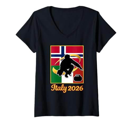 Damen Italy 2026 Curling Norway and Italy Flag 2026 Winter Sports T-Shirt mit V-Ausschnitt Damen Italy 2026 Curling Norway and Italy Flag 2026 Winter Sports T-Shirt mit V-Ausschnitt von Winter Sports 2026 Italy and Chinese Team Flags