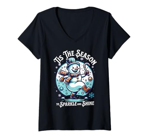 Damen Schneemann mit Aufschrift Tis The Season Holiday Sparkle and Shine T-Shirt mit V-Ausschnitt Damen Schneemann mit Aufschrift Tis The Season Holiday Sparkle and Shine T-Shirt mit V-Ausschnitt von Winter Whimsy Studio
