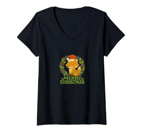 Damen Frohe Weihnachten Fuchs festliches Walddesign für Urlaub T-Shirt mit V-Ausschnitt Damen Frohe Weihnachten Fuchs festliches Walddesign für Urlaub T-Shirt mit V-Ausschnitt von Winter Whisker Emporiums