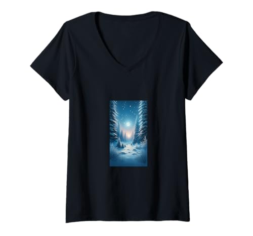 Damen Ruhiger Schneewald in der Abenddämmerung — Verzauberte Winterlandschaft T-Shirt mit V-Ausschnitt Damen Ruhiger Schneewald in der Abenddämmerung — Verzauberte Winterlandschaft T-Shirt mit V-Ausschnitt von Winter Whispers - Nature's Tranquil Moments