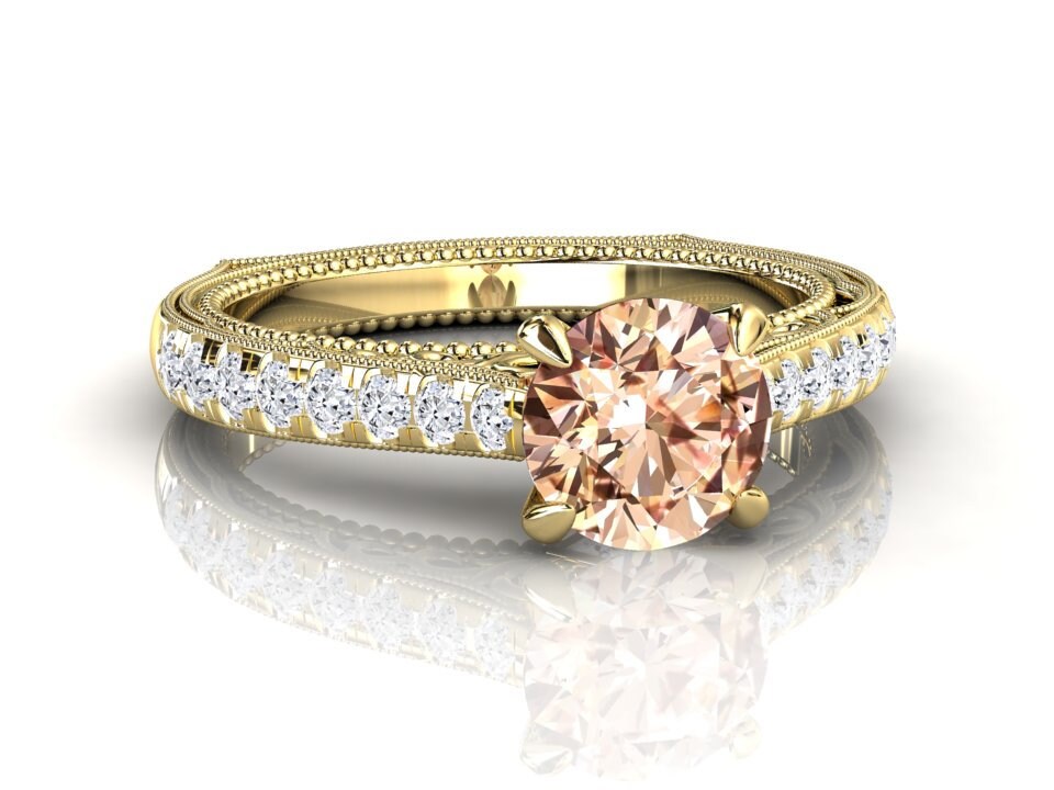 Frauen Pfirsich Saphir Verlobungsring, Champagner & Pave Set Vs Qualität Diamant Modern Ring, 14K/18K Gelbgold Jubiläum Ring von WinterEngagement