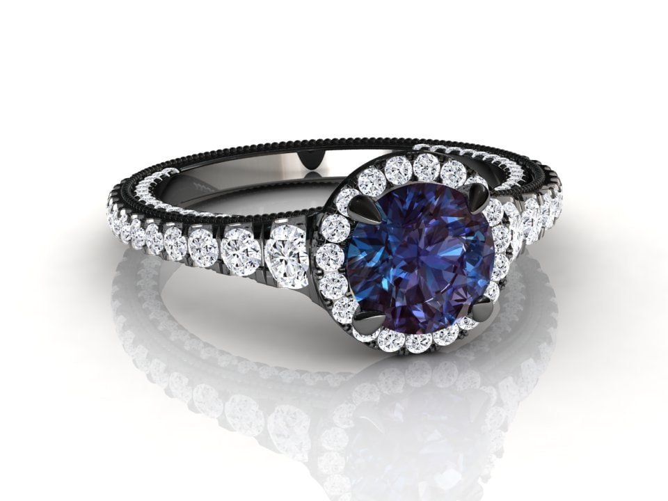 Moderner Alexandrit Ring, 1, 5 Karat Und Pave Diamant Halo Verlobungsring, 14K Oder 18K Schwarz Gold Damen Jubiläum Ring von WinterFineJewelry