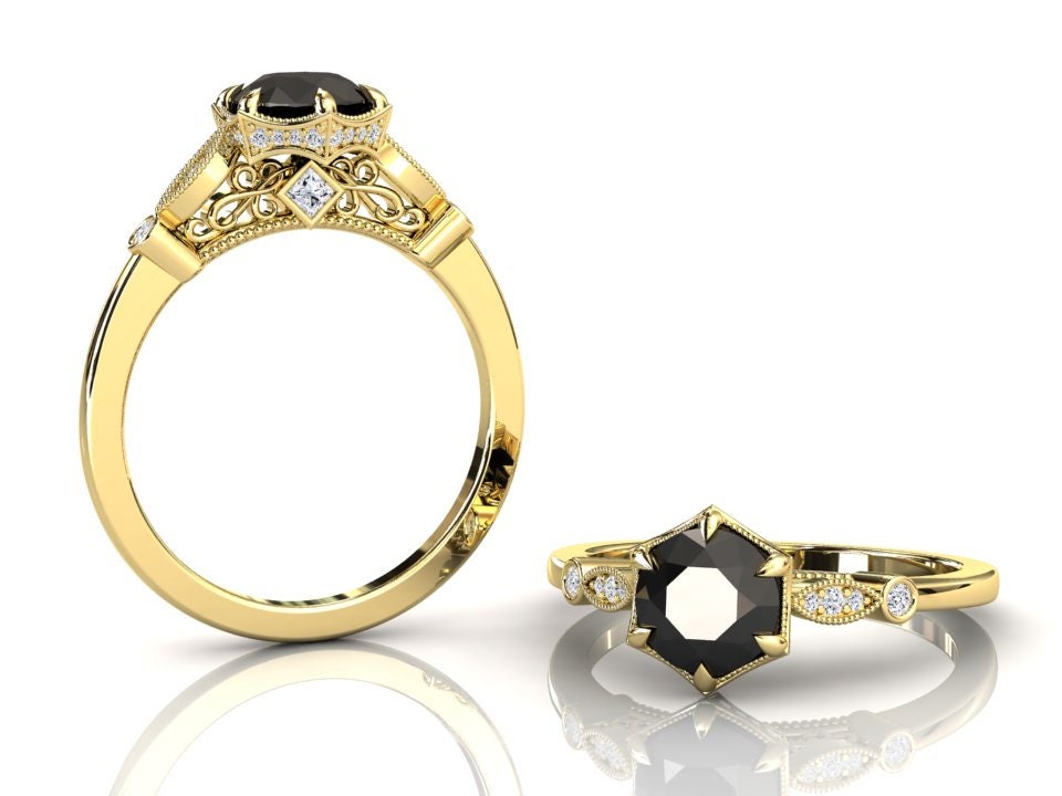 Schwarzer Diamant Verlobungsring, Natürlicher Vs Qualitäts Pave Set Diamanten, Vintage Stil Damen Jubiläumsring, 14K Oder 18K Massives Gelbgold von WinterFineJewelry