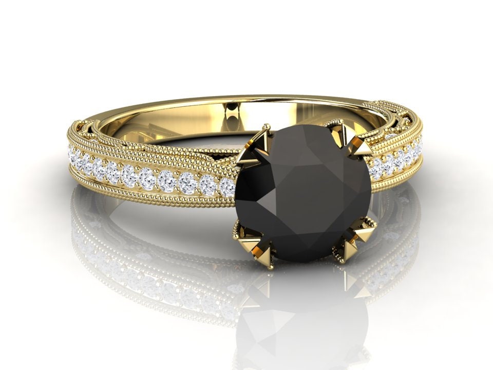 Schwarzer Diamant Verlobungsring, Natürlicher Vs Qualitäts Pave Set Diamanten, Vintage Stil Damen Jubiläumsring, 14K Oder 18K Massives Gelbgold von WinterFineJewelry