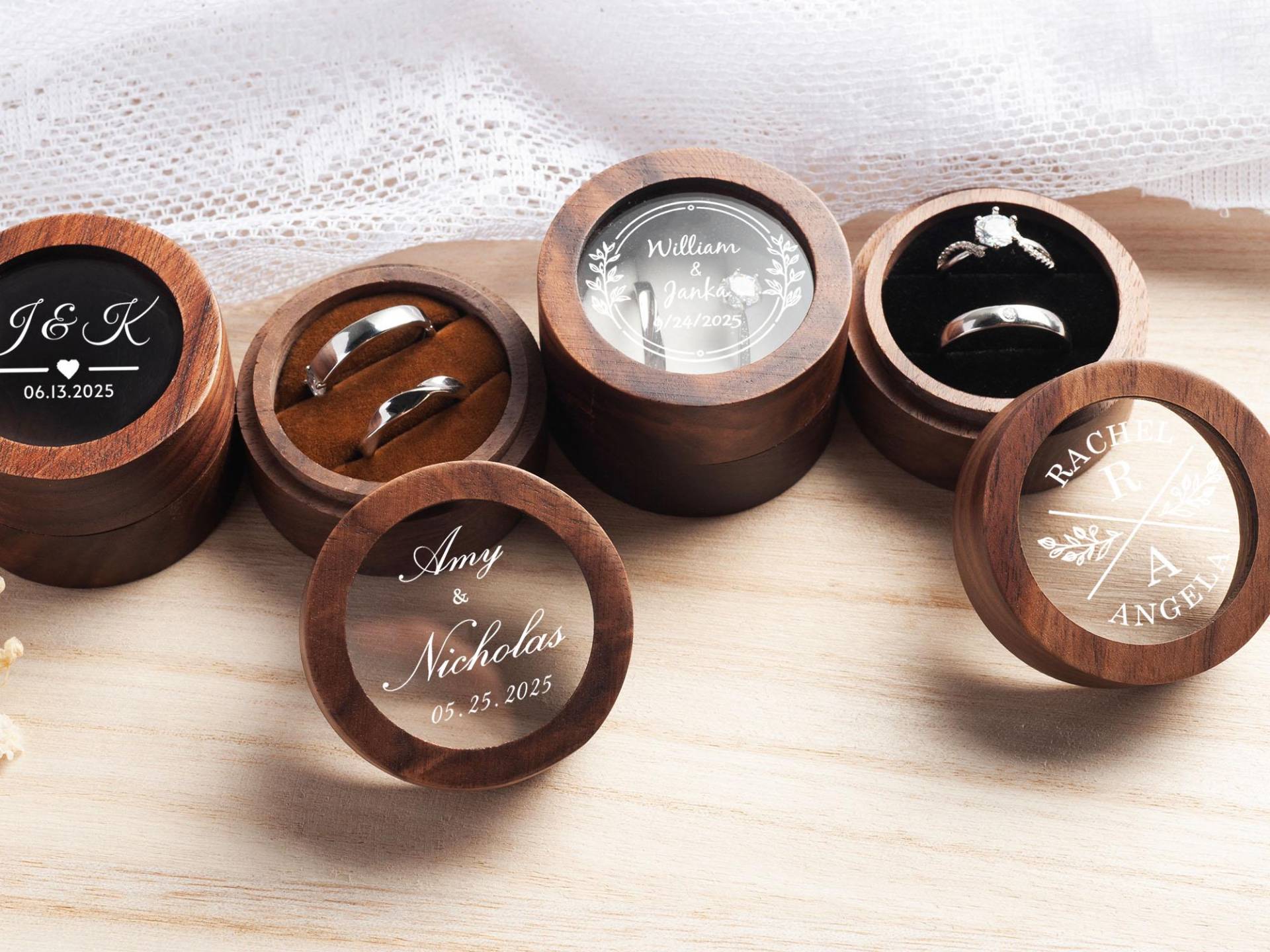 Personalized Wooden Wedding Ring Box With Clear Acrylic Cover, Engagement Proposal Holder, Ring Bearer Box, Bridal Gift For Her von WinterTeamPink