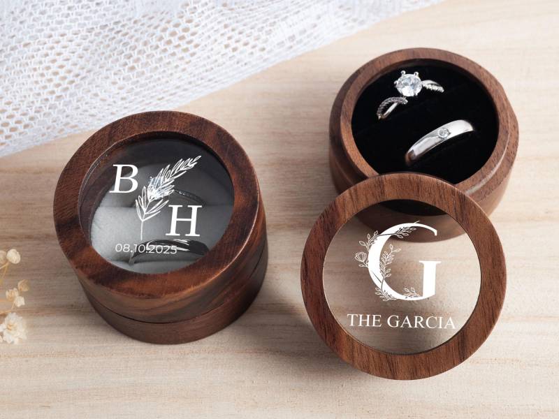 Wooden Wedding Ring Box With Clear Acrylic Cover, Custom Engraved Engagement Proposal Holder, Ring For Bridal Her von WinterTeamPink