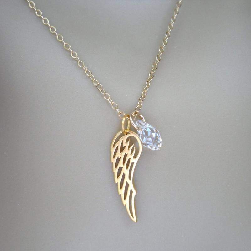 Engelsflügel Und Kristall Teardrop Halskette - 22K Vergoldeter Charm Geburtsstein Swarovski Gedenkanhänger Engelsflügel Und Kristall Teardrop Halskette - 22K Vergoldeter Charm Geburtsstein Swarovski Gedenkanhänger von WinterberryJewelry