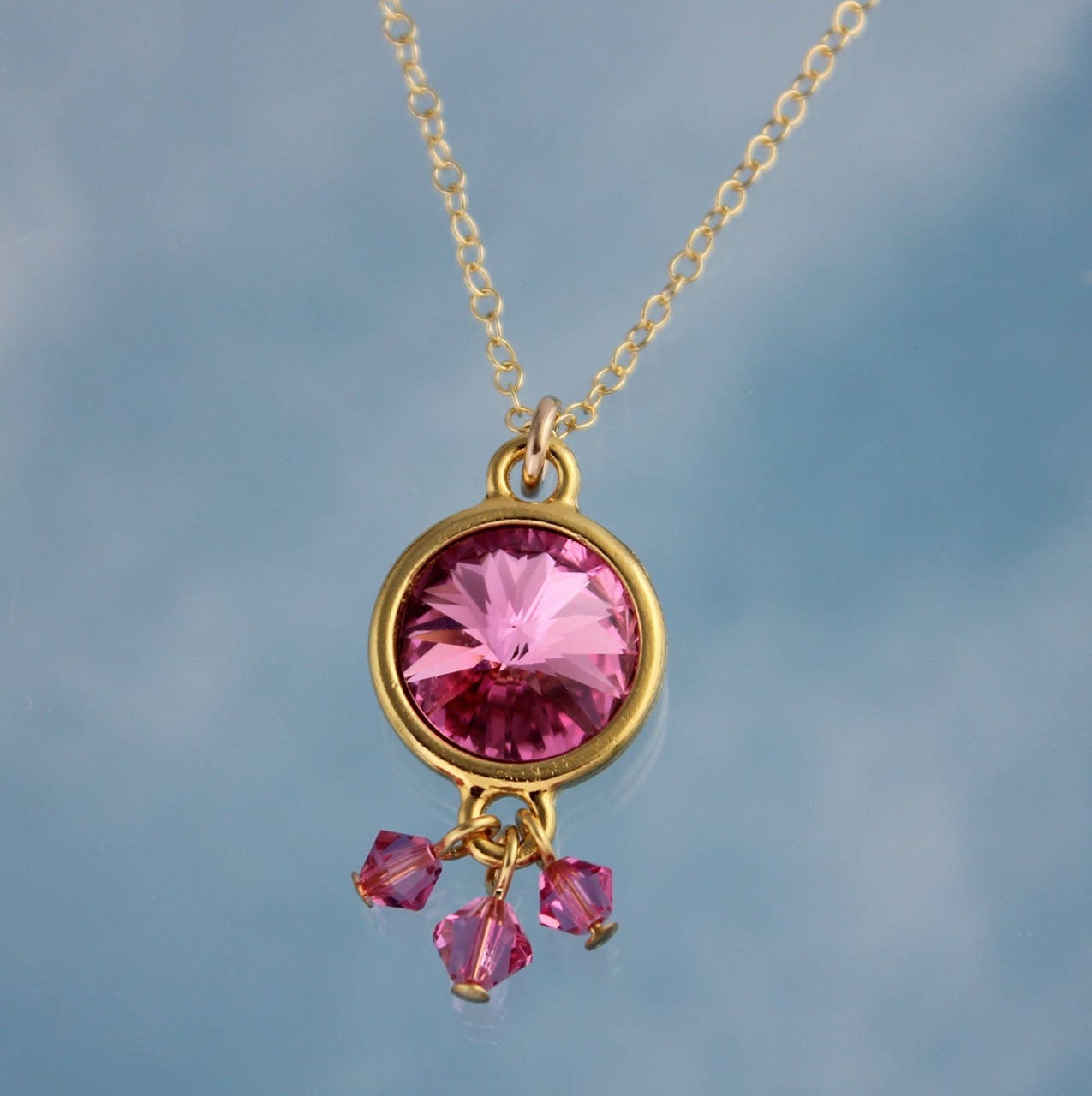 Rosa Swarovski Rivoli Kristall & Goldkette - Solitaire Mit Bicone Anhängern, 14K Gold Filled Kette Funkelnde Rosa Kristalle von WinterberryJewelry