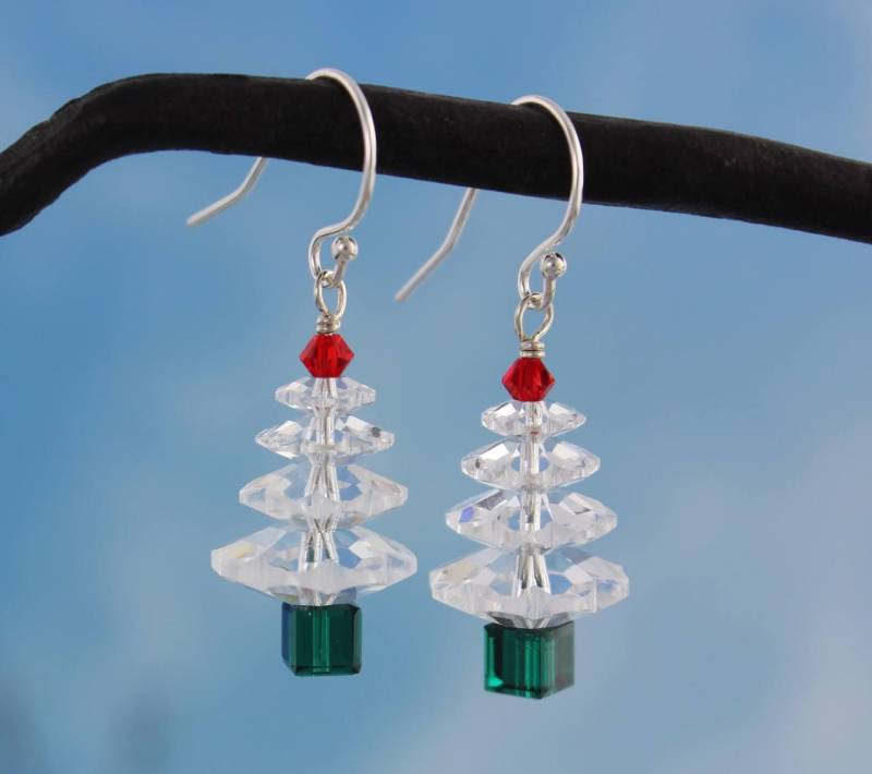 Weiße Swarovski Kristall Weihnachtsbaum Ohrringe - Sterling Silber Oder Gold Haken, Klare, Rote + Grüne Kristalle Weiße Swarovski Kristall Weihnachtsbaum Ohrringe - Sterling Silber Oder Gold Haken, Klare, Rote + Grüne Kristalle von WinterberryJewelry