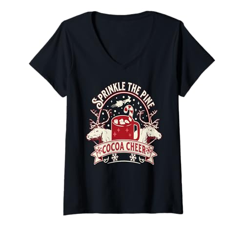 Damen Sprinkle den Tannenduft Retro Weihnachtsfreude T-Shirt mit V-Ausschnitt Damen Sprinkle den Tannenduft Retro Weihnachtsfreude T-Shirt mit V-Ausschnitt von Winterlicher Kakao und Rentierstil