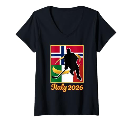 Damen Italien 2026 Eishockey Norwegen und Italien Flagge T-Shirt mit V-Ausschnitt Damen Italien 2026 Eishockey Norwegen und Italien Flagge T-Shirt mit V-Ausschnitt von Wintersport 2026 Italien und chinesische