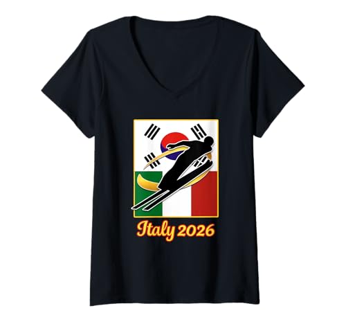 Damen Italien 2026 Skisprung Italienische südkoreanische Flaggen T-Shirt mit V-Ausschnitt Damen Italien 2026 Skisprung Italienische südkoreanische Flaggen T-Shirt mit V-Ausschnitt von Wintersport 2026 Italien und südkoreanische