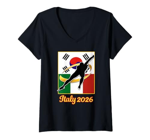Damen Italien 2026 Speed Skating South Korea Flagge T-Shirt mit V-Ausschnitt Damen Italien 2026 Speed Skating South Korea Flagge T-Shirt mit V-Ausschnitt von Wintersport 2026 Italien und südkoreanische