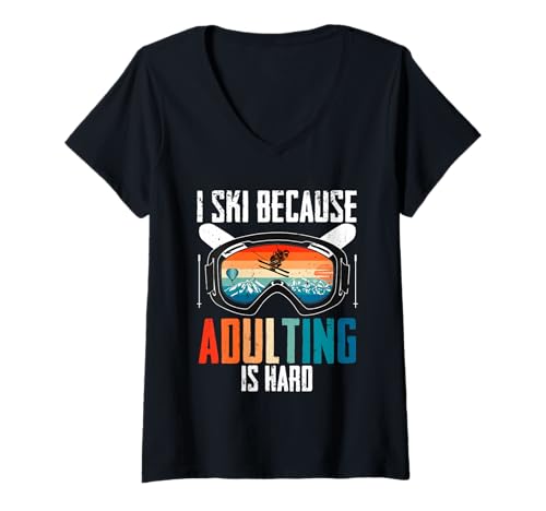 Damen Ski Skifahrer Wintersport Adulting is Hard T-Shirt mit V-Ausschnitt von Wintersport Skifahren