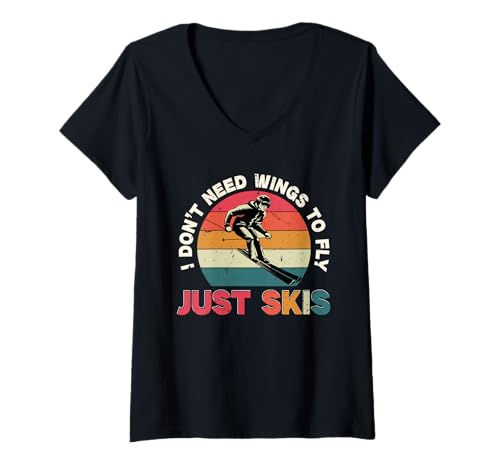 Damen Ski Skifahrer Wintersport I Don't Need Wings to Fly T-Shirt mit V-Ausschnitt von Wintersport Skifahren