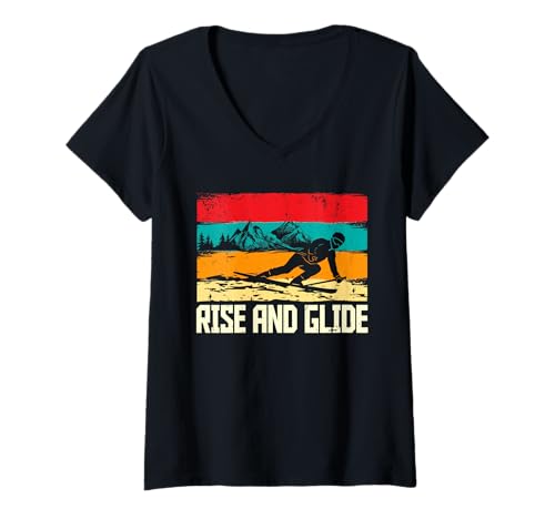 Damen Ski Skifahrer Wintersport Rise and Glide T-Shirt mit V-Ausschnitt von Wintersport Skifahren
