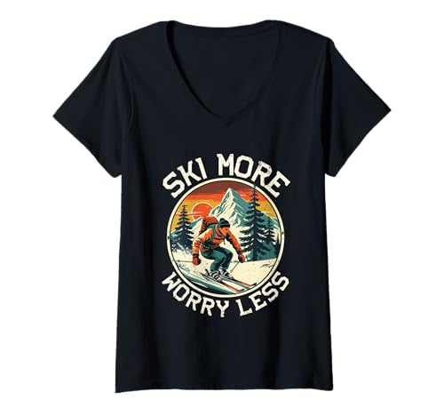 Damen Ski Skifahrer Wintersport Ski More Worry Less T-Shirt mit V-Ausschnitt Damen Ski Skifahrer Wintersport Ski More Worry Less T-Shirt mit V-Ausschnitt von Wintersport Skifahren