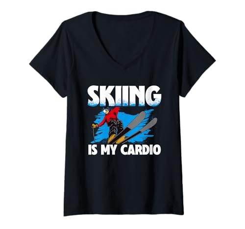 Damen Ski Skifahrer Wintersport Skiing is My Cardio T-Shirt mit V-Ausschnitt von Wintersport Skifahren