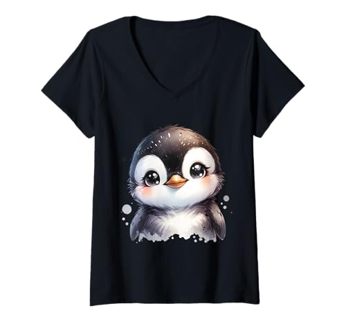 Damen Niedlicher Pinguin mit großen Augen für Kinder T-Shirt mit V-Ausschnitt Damen Niedlicher Pinguin mit großen Augen für Kinder T-Shirt mit V-Ausschnitt von Wintertiere Kinder Motive Pinguinfreunde