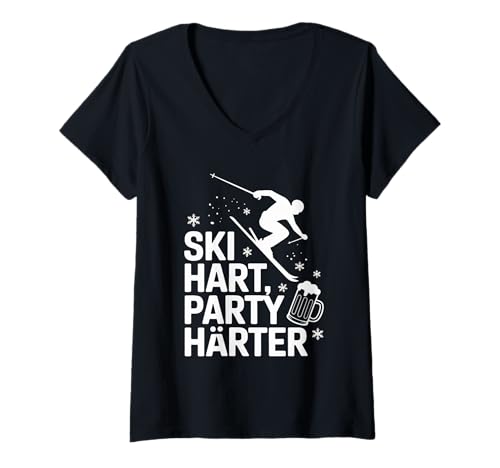 Damen Ski Hart Party Härter Retro Ski Apres Ski T-Shirt mit V-Ausschnitt Damen Ski Hart Party Härter Retro Ski Apres Ski T-Shirt mit V-Ausschnitt von Winterurlaub Skifahren Apres Ski Abenteuer