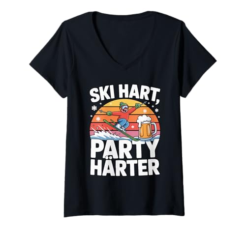 Damen Ski Hart Party Härter Retro Ski Apres Ski T-Shirt mit V-Ausschnitt Damen Ski Hart Party Härter Retro Ski Apres Ski T-Shirt mit V-Ausschnitt von Winterurlaub Skifahren Apres Ski Abenteuer