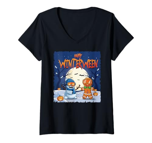 Damen Frohe Winterween Weihnachten Lustiges Winter-Halloween T-Shirt mit V-Ausschnitt von Winterween Winter Holiday Halloween Christmas Gift