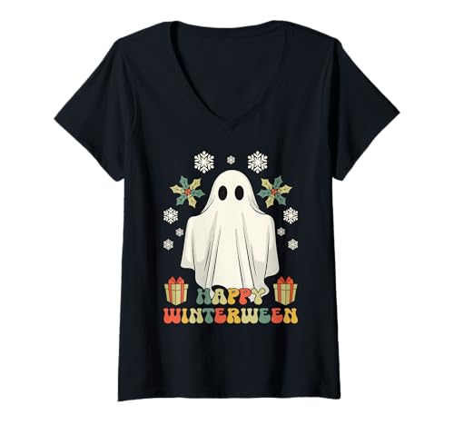 Damen Frohes Winterfest, Halloween-Gespenst, Retro-Look T-Shirt mit V-Ausschnitt von Winterween Winter Holiday Halloween Christmas Gift