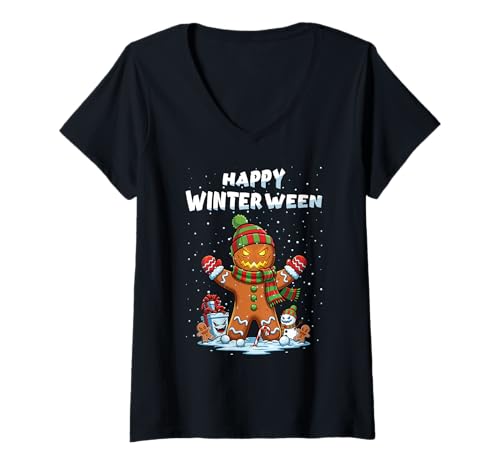 Damen Frohes Winterwochenende, Halloween, Weihnachten, Gruseliger Schneemann T-Shirt mit V-Ausschnitt von Winterween Winter Holiday Halloween Christmas Gift