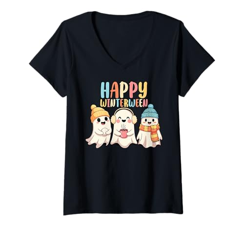 Damen Happy Winterween, süße Geister, Winter, Halloween, Weihnachten T-Shirt mit V-Ausschnitt von Winterween Winter Holiday Halloween Christmas Gift