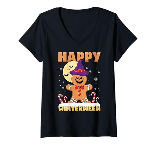 Damen Happy Winterween Halloween Lebkuchen Weihnachten Winter T-Shirt mit V-Ausschnitt von Winterween Winter Holiday Halloween Christmas Gift