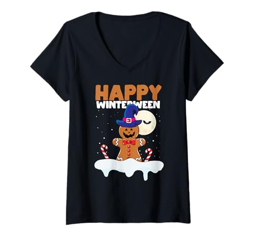 Damen Happy Winterween Halloween Weihnachten Winter Lebkuchen T-Shirt mit V-Ausschnitt von Winterween Winter Holiday Halloween Christmas Gift