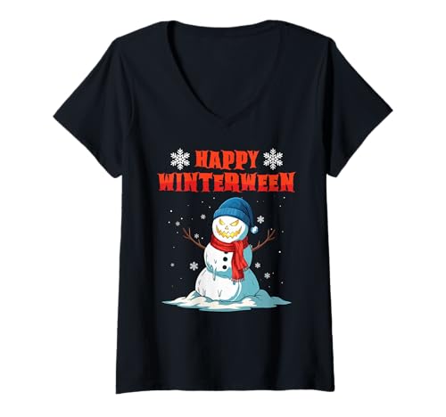 Damen Happy Winterween Winter Halloween Weihnachten Gruseliger Schneemann T-Shirt mit V-Ausschnitt von Winterween Winter Holiday Halloween Christmas Gift