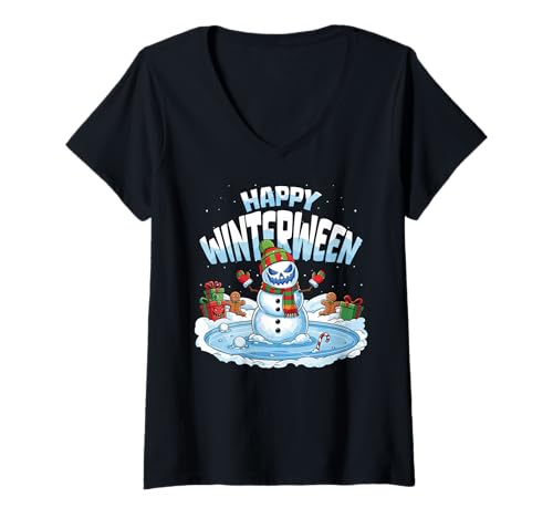 Damen Happy Winterween Winter Halloween Weihnachten Schneemann T-Shirt mit V-Ausschnitt von Winterween Winter Holiday Halloween Christmas Gift