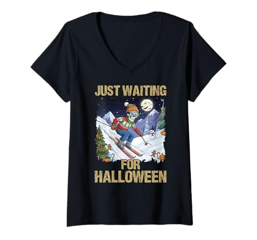 Damen Ich warte nur auf Halloween, Weihnachten, Winter, Winter T-Shirt mit V-Ausschnitt von Winterween Winter Holiday Halloween Christmas Gift