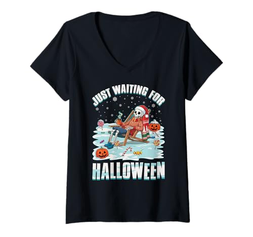 Damen Ich warte nur auf Halloween Lustiges Winterwochenende T-Shirt mit V-Ausschnitt Damen Ich warte nur auf Halloween Lustiges Winterwochenende T-Shirt mit V-Ausschnitt von Winterween Winter Holiday Halloween Christmas Gift