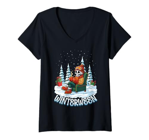 Damen Skelett Winterween Winter Halloween Weihnachten Schneemann T-Shirt mit V-Ausschnitt von Winterween Winter Holiday Halloween Christmas Gift
