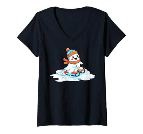Damen Süßer Ghost Ski-Winter Halloween Weihnachten Winterween T-Shirt mit V-Ausschnitt von Winterween Winter Holiday Halloween Christmas Gift