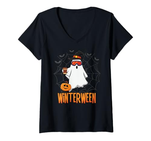 Damen Winterween Ghost Kürbis Winter Halloween Weihnachten T-Shirt mit V-Ausschnitt von Winterween Winter Holiday Halloween Christmas Gift