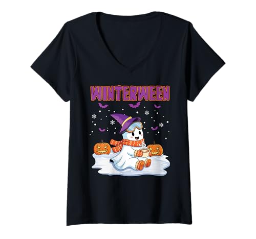 Damen Winterween Hexe Geist Halloween Weihnachten Winter T-Shirt mit V-Ausschnitt von Winterween Winter Holiday Halloween Christmas Gift